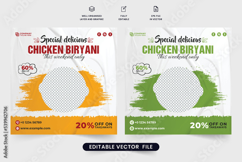 Delicious food menu promotion web banner design with green and yellow colors. Restaurant food advertisement template vector with discount offer. Food and beverage social media posts for restaurants.