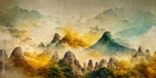 Minimalistic mountain landscape with watercolor brush in Japanese traditional style. Wallpaper with abstract art for prints or covers. 3d artwork