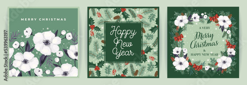Christmas and Happy New Year cards with Christmas tree and white flowers. Vector design.