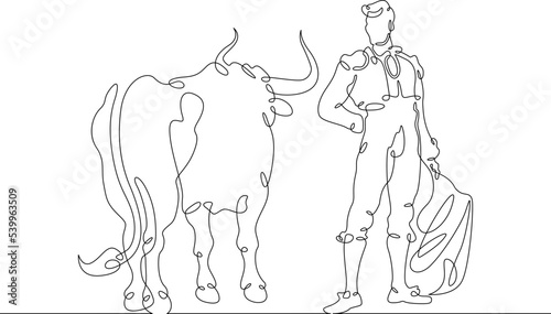 One continuous line. Spanish style bullfight. Spanish matador. Toreador in traditional costume. Bull in battle. One continuous line on a white background.