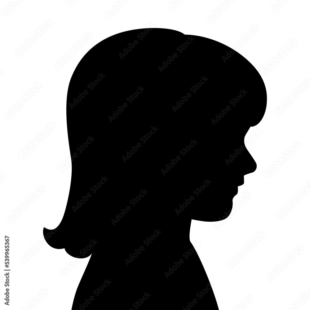 Black silhouette of little girl. Contour profile, side view. Straight hair with curls, bangs. Neat graphic icon. Woman's head. Children's unknown abstract image. Vector sign, logo of kid, child person