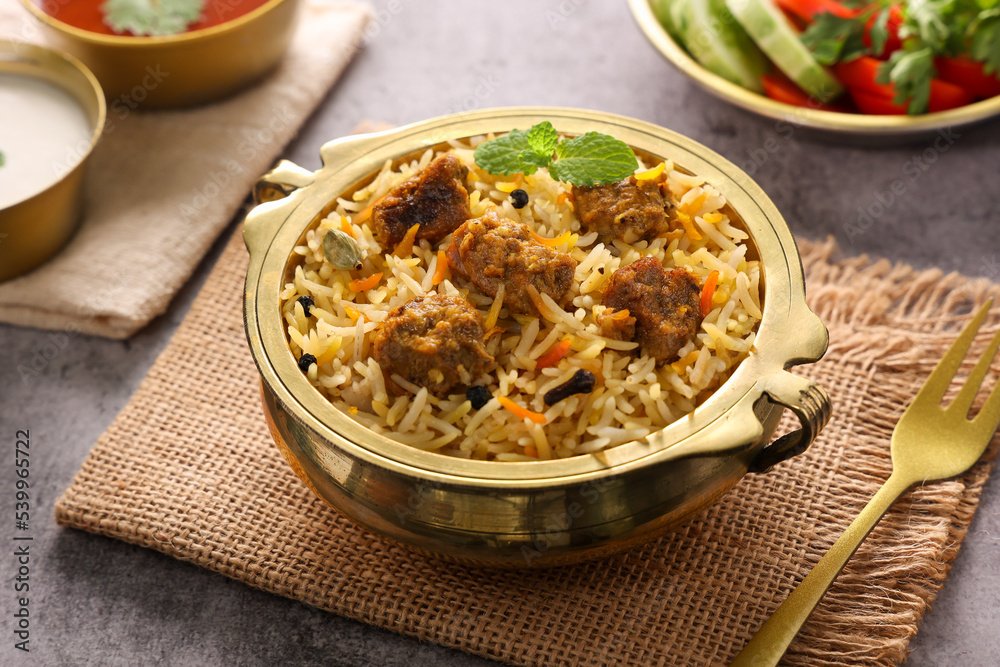 Mutton Gosht Biryani Spicy Indian Malabar lamb meat biryani Hyderabadi biryani, Dum Biriyani pulao , beef biryani Kerala India Sri Lanka Pakistan basmati rice mixed rice dish Ramadan Kareem, Eid