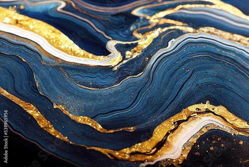 Abstract fluid art painting in alcohol ink technique. Luxury mixture of navy, deep blue paints and gold powder. Marble stone slice imitation, glowing golden veins. 3D rendering