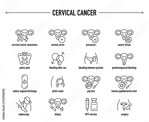 Cervical Cancer vector icon set. Line editable medical icons. photo