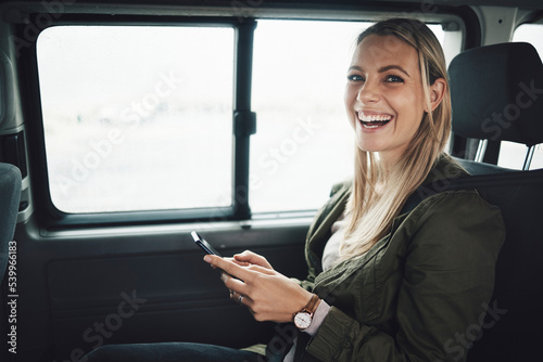 Woman  road trip and phone for location  gps and map of summer vacation holiday direction. Portrait  smile or happy tourist in car for adventure travel with 5g mobile technology for fun internet game