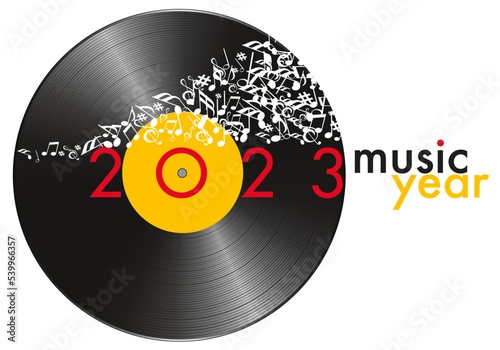 Carte de vœux pour l’année 2023 sur le concept de la musique, avec pour symbole un disque vinyle et une banderole de note qui s’envolent. photo