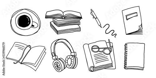 Study aesthetic set. Stack of books, coffee, headphones line art vector illustration