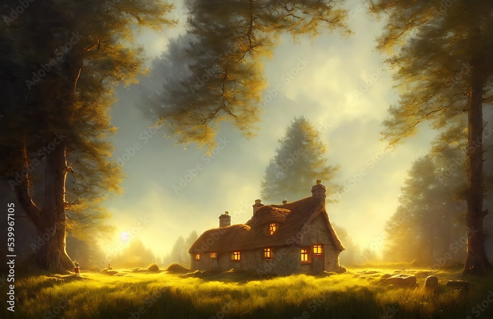 Fototapeta premium Small tudor cottage in a field near a pine forest. blue sky illustration