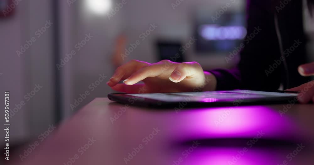 Tablet, digital and woman hands typing in neon color workspace studio, creative office or information technology futuristic room. Gen z it tech worker in marketing, social networking and web design Tablet, digital and woman hands typing in neon color workspace studio, creative office or information technology futuristic room. Gen z it tech worker in marketing, social networking and web design