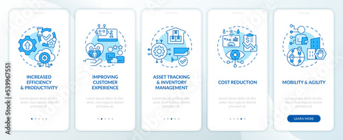 IoT business advantages blue onboarding mobile app screen. Walkthrough 5 steps editable graphic instructions with linear concepts. UI, UX, GUI template. Myriad Pro-Bold, Regular fonts used
