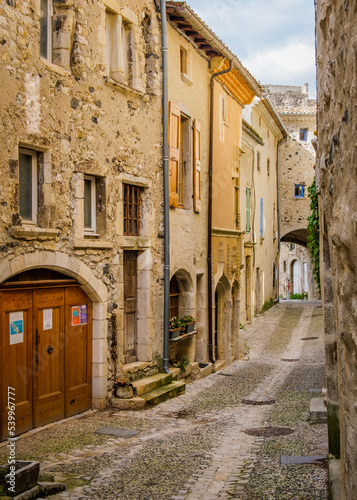 Medieval houses and cobblestone street in the village of Rochemaure  in the South of France  Ardeche 