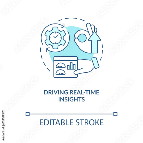 Boost real-time insights turquoise concept icon. Monitoring business data abstract idea thin line illustration. Isolated outline drawing. Editable stroke. Arial, Myriad Pro-Bold fonts used