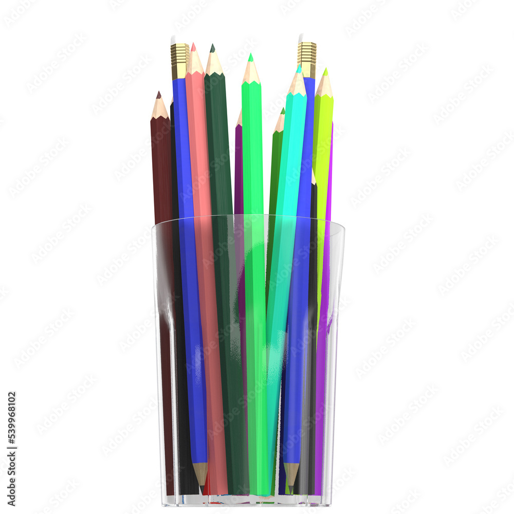 3d rendering illustration of some coloured pencils in a glass