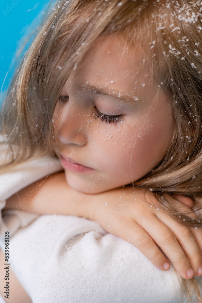 portrait of a cute little blonde girl in a white knitted sweater on a blue background in the studio. snowflakes in the hair, the concept of winter portrait of a cute little blonde girl in a white knitted sweater on a blue background in the studio. snowflakes in the hair, the concept of winter