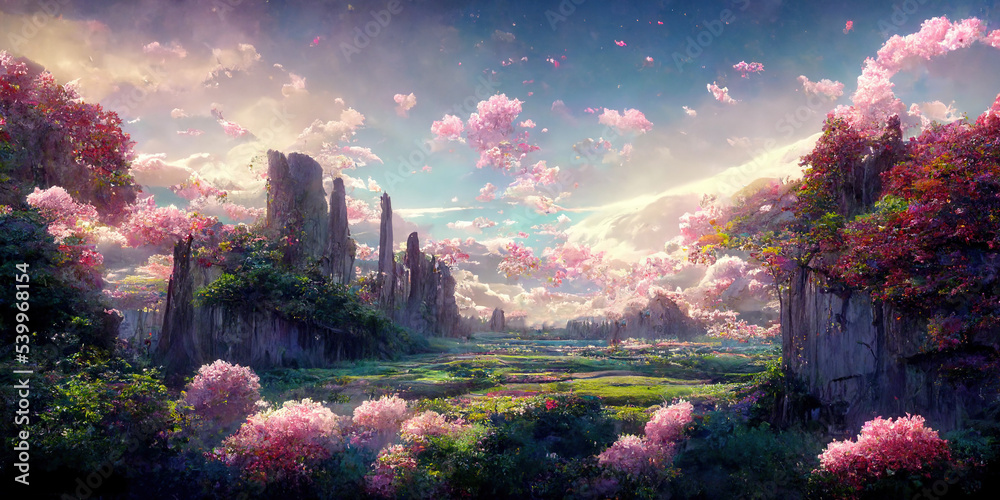 WIde Angle Japanese Anime Landscape Background. Clear Sky with Dynamic  Sunlight See Through Sakura Cloud. Sakura Tree. Beautiful Wildness Fantasy  Scenery. Stock Illustration | Adobe Stock