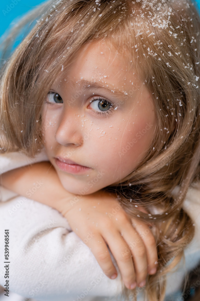 portrait of a cute little blonde girl in a white knitted sweater on a blue background in the studio. snowflakes in the hair, the concept of winter portrait of a cute little blonde girl in a white knitted sweater on a blue background in the studio. snowflakes in the hair, the concept of winter