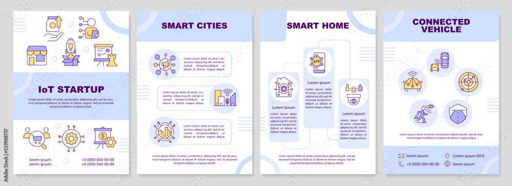 IoT startup purple brochure template. Future business ideas. Leaflet design with linear icons. Editable 4 vector layouts for presentation, annual reports. Arial-Black, Myriad Pro-Regular fonts used