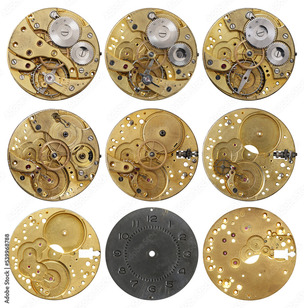 Parts of clockwork mechanism on transparent background Stock Photo