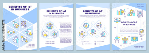 IoT benefits in business blue brochure template. Innovation. Leaflet design with linear icons. Editable 4 vector layouts for presentation, annual reports. Arial-Black, Myriad Pro-Regular fonts used