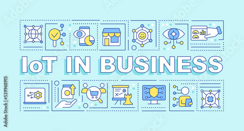 IoT in business word concepts turquoise banner. Digital techs benefits. Infographics with editable icons on color background. Isolated typography. Vector illustration with text. Arial-Black font used