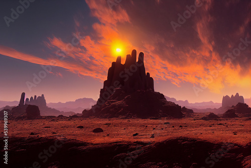 Alien planet desert landscape dramatic sundown at golden hour 3d rendering