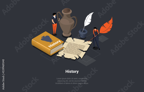 History Class with Studying People. Ancient Symbols, Piece of Parchment, History Book. Male And Female Characters Research Ancient Items And Museum Exhibit. Isometric 3d Cartoon Vector Illustration