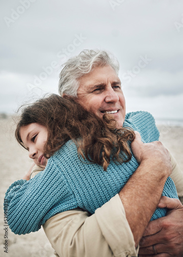 Photography Happy, beach and grandfather hug a girl at the sea together on holiday