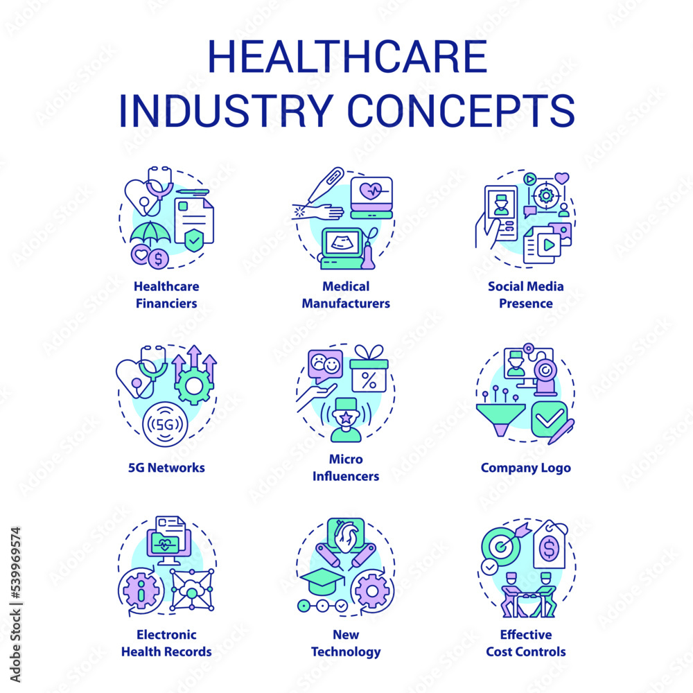 Healthcare industry concept icons set. Clinical services. Life science. Medical sector idea thin line color illustrations. Isolated symbols. Editable stroke. Roboto-Medium, Myriad Pro-Bold fonts used