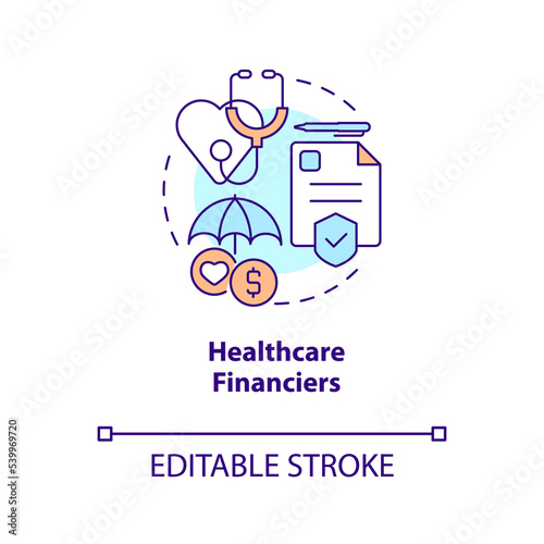 Healthcare financiers concept icon. Health system. Funding medical provision abstract idea thin line illustration. Isolated outline drawing. Editable stroke. Arial, Myriad Pro-Bold fonts used