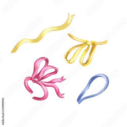 watercolor illustration. colorful ribbons and tags. rope bows
