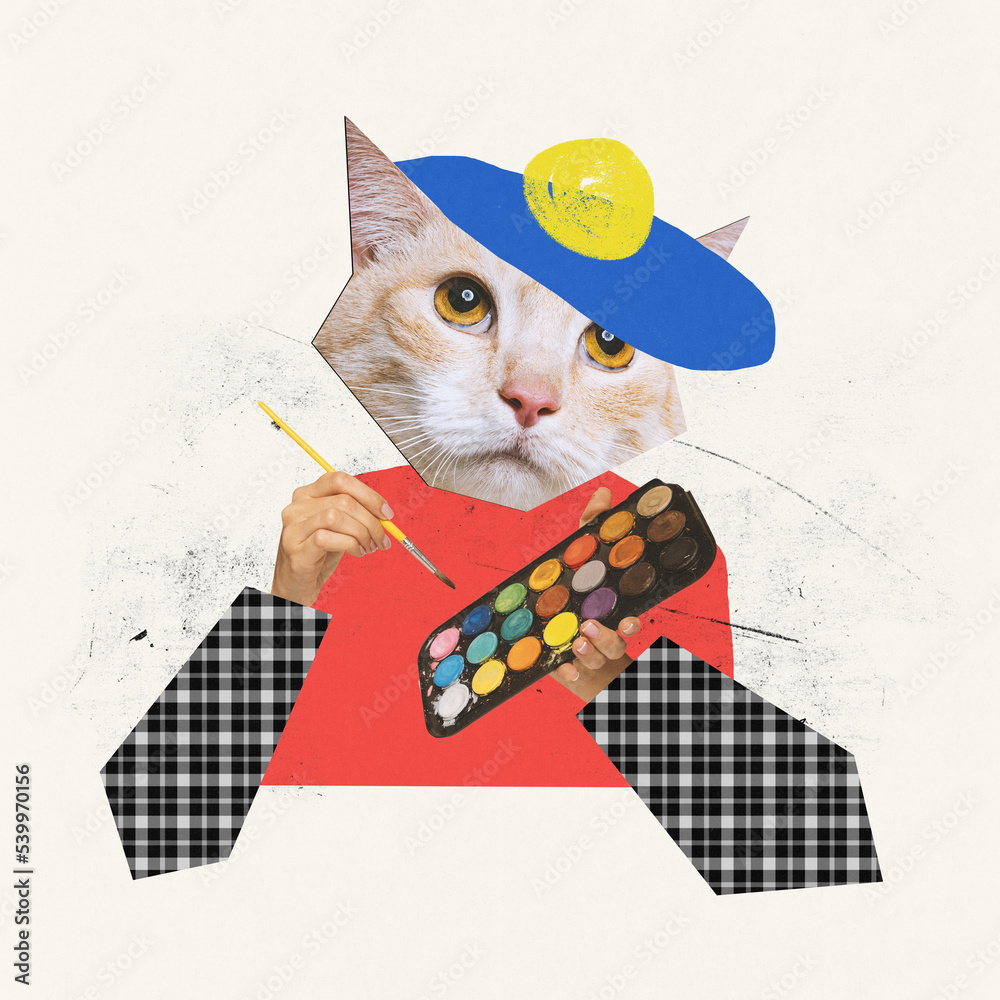 Contemporary art collage. Creative design. Cat's head in image of