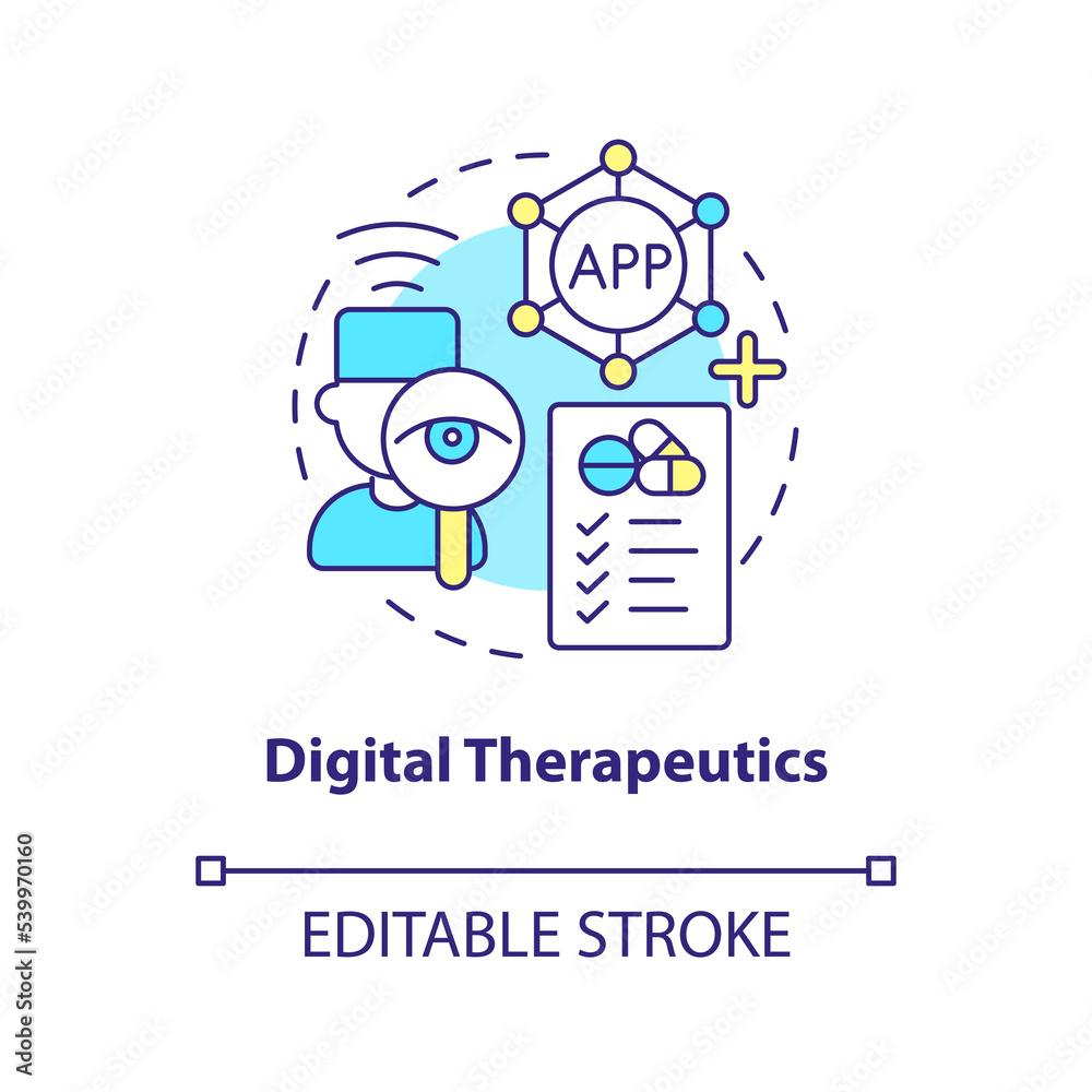 Digital therapeutics concept icon. Healthcare industry trend. Mobile health app abstract idea thin line illustration. Isolated outline drawing. Editable stroke. Arial, Myriad Pro-Bold fonts used