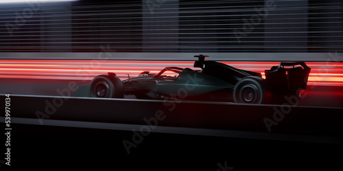 Modern generic sports racing car driving fast on a track with bright lights. Realistic 3d rendering