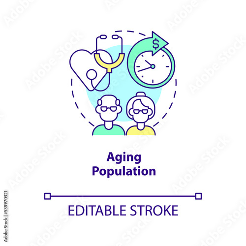 Aging population concept icon. Costly healthcare reason. Increasing median age abstract idea thin line illustration. Isolated outline drawing. Editable stroke. Arial, Myriad Pro-Bold fonts used