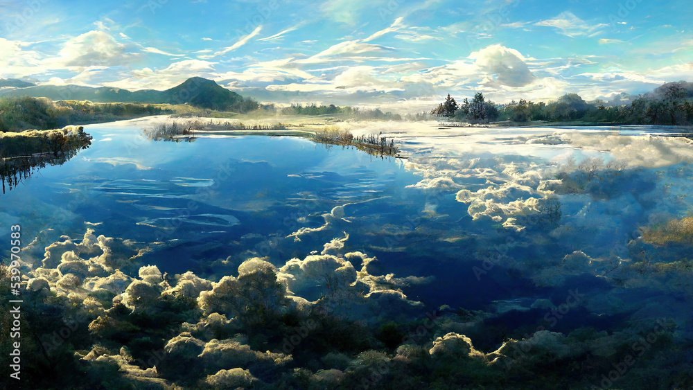 WIde Angle Japanese Anime Landscape Background. Clear Sky with Dynamic Cloud. Above Cloud. Beyond Atmosphere. Sunlight See Through Cloud Beautiful  Scenery. 