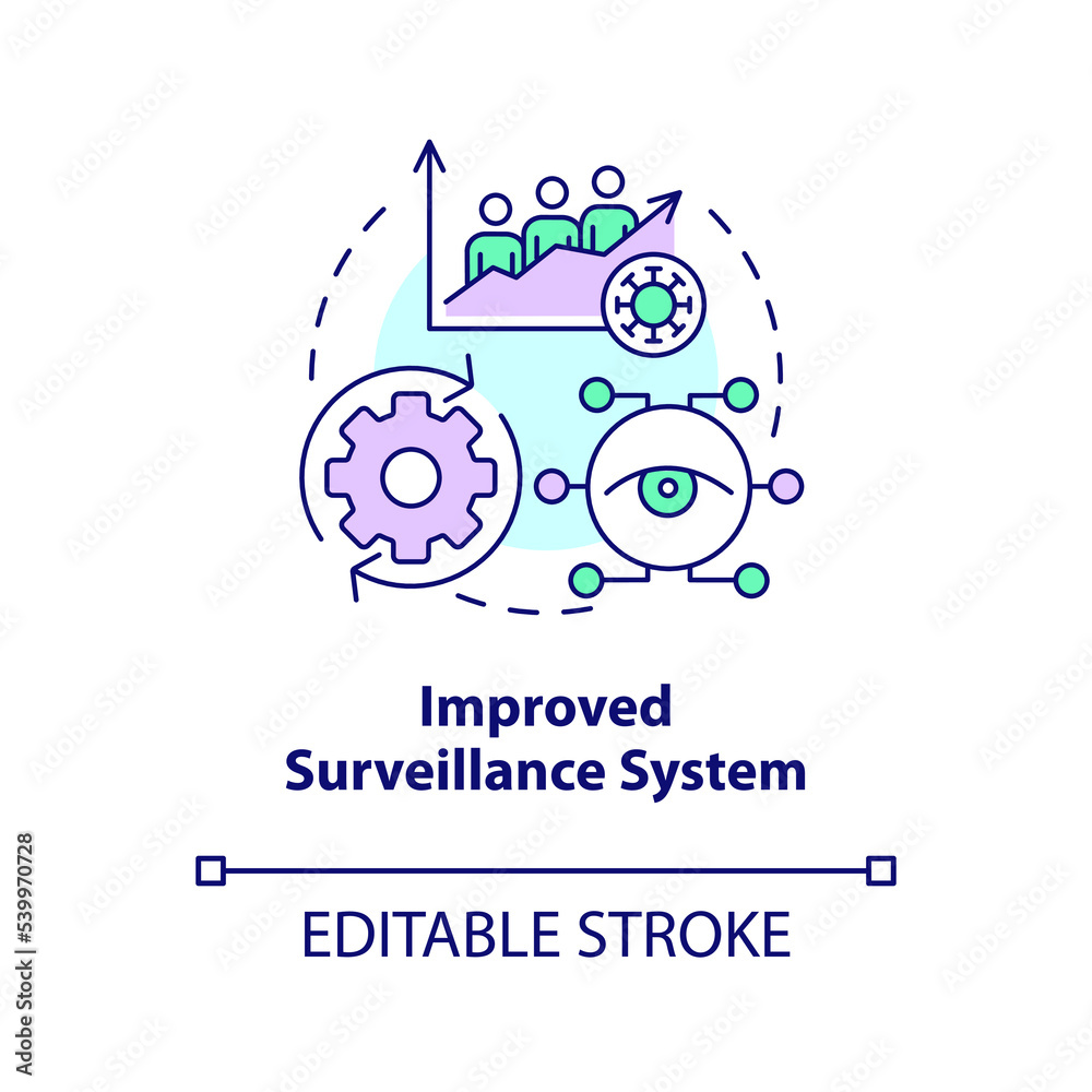 Improved surveillance system concept icon. Healthcare in post pandemic era. Data abstract idea thin line illustration. Isolated outline drawing. Editable stroke. Arial, Myriad Pro-Bold fonts used