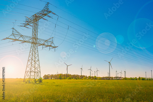 Quadro em tela Beautiful farm landscape and industrial high voltage power line pylons and wind