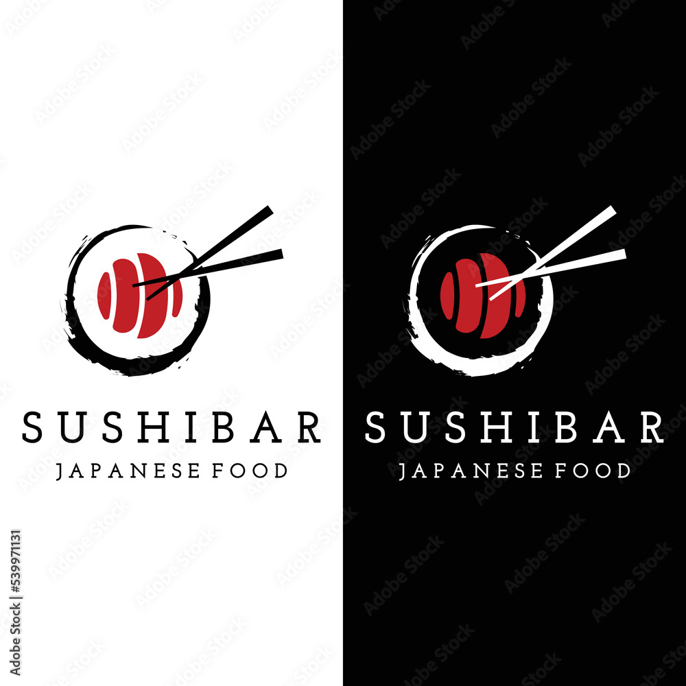 Sushi logo template design.Seafood or traditional japanese cuisine with salmon, delicious food.Logo for Japanese restaurant, bar, sushi shop. Sushi logo template design.Seafood or traditional japanese cuisine with salmon, delicious food.Logo for Japanese restaurant, bar, sushi shop.