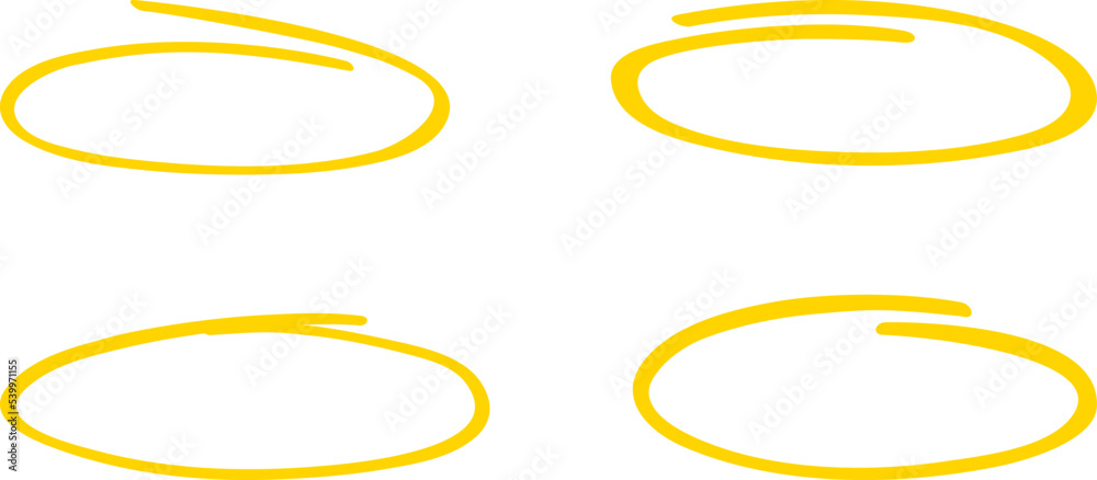Yellow circle, pen draw set. Highlight hand drawing different circles isolated on background. Handwritten circle. For marking text, numbers, marker pen, pencil and text check, vector illustration - obrazy, fototapety, plakaty 