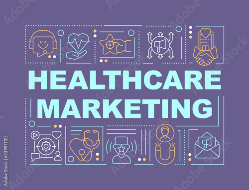 Healthcare marketing word concepts dark purple banner. Medical strategy. Infographics with editable icons on color background. Isolated typography. Vector illustration with text. Arial-Black font used
