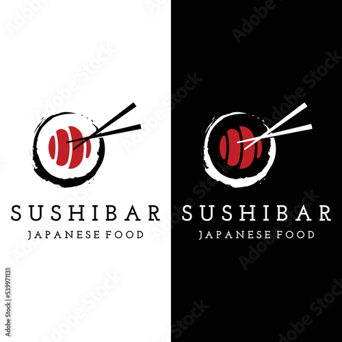 Sushi logo template design.Seafood or traditional japanese cuisine with salmon, delicious food.Logo for Japanese restaurant, bar, sushi shop.