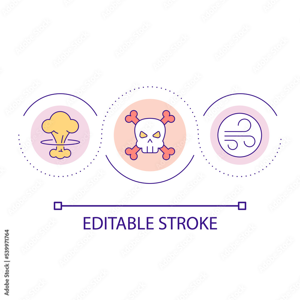 Nuclear explosion loop concept icon. Radioactive contamination spreading. Death and destruction abstract idea thin line illustration. Isolated outline drawing. Editable stroke. Arial font used Nuclear explosion loop concept icon. Radioactive contamination spreading. Death and destruction abstract idea thin line illustration. Isolated outline drawing. Editable stroke. Arial font used