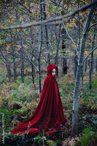 A mysterious woman in a long red cloak and hood stands in the middle of the dark forest.