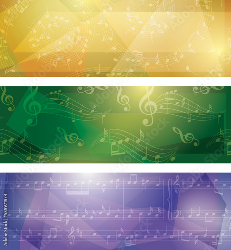 bright colored vector backgrounds with abstract music notes and geometric shapes - set of banners