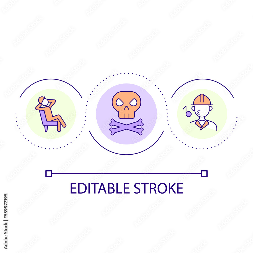 Deadly mistakes in workplace loop concept icon. Safety rules violation. Accidents cause abstract idea thin line illustration. Isolated outline drawing. Editable stroke. Arial font used Deadly mistakes in workplace loop concept icon. Safety rules violation. Accidents cause abstract idea thin line illustration. Isolated outline drawing. Editable stroke. Arial font used