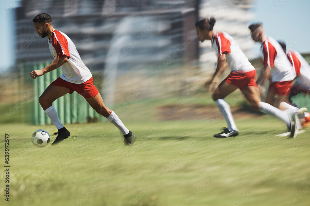 Soccer, team sports game and teamwork of men busy with football collaboration and workout. Fitness, training and healthy exercise of an healthy athlete ground with fast energy running with a ball Soccer, team sports game and teamwork of men busy with football collaboration and workout. Fitness, training and healthy exercise of an healthy athlete ground with fast energy running with a ball
