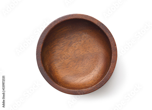 Top view of Natural wooden bowl isolated on white background. Clipping path.