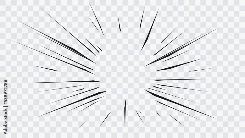 Abstract comic book flash explosion radial lines on transparent background. Vector illustration superhero design. Bright black light strip burst. Flash ray blast glow. Speed lines Manga frame. Anime - obrazy, fototapety, plakaty 