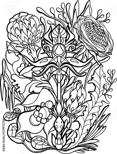 Vintage ornate wand with gems and fantasy flowers and leaves. Coloring page antistress for children and adults. Vector illustration isolated on white background