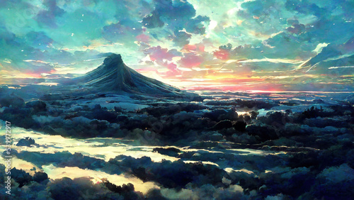 WIde Angle Japanese Anime Landscape Background. Clear Sky with Dynamic Cloud. Above Cloud. Beyond Atmosphere. Sunlight See Through Cloud Beautiful Scenery. 